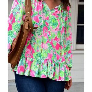 Lilly Pulitzer Women's Floral Tensley Top Medium Long Sleeve Ruffle Hem Tassel
